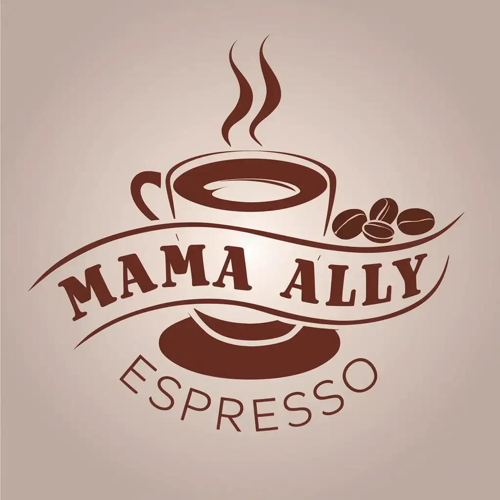 LOGO Design for Mama Ally Espresso Vector Coffee Cup with Steaming Beans Restaurant Industry