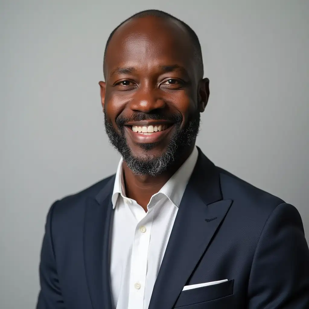 a clear photo of a middle-aged black real estate agent in a business suit and white shirt, the man is smiling