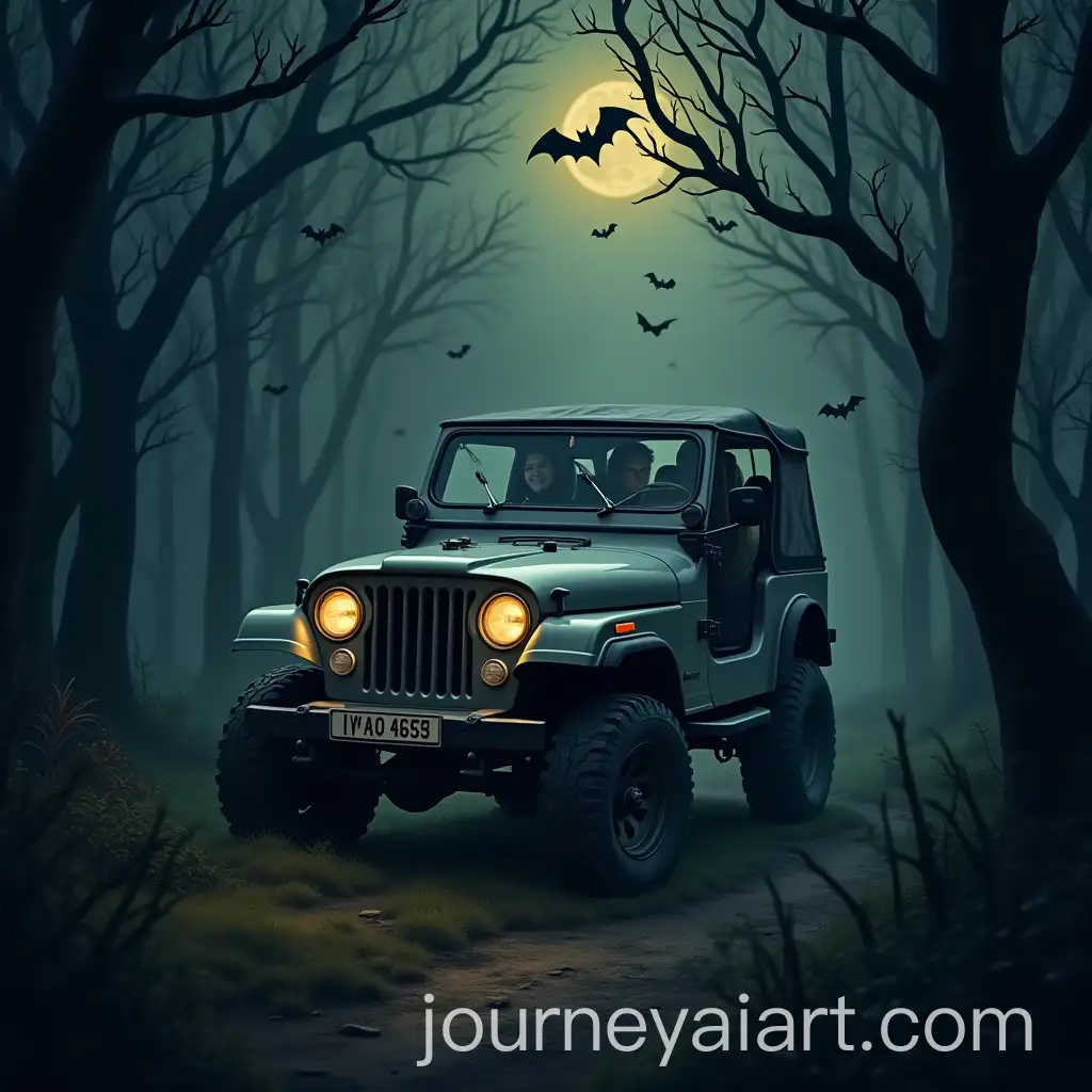 Spooky-Grey-Jeep-in-Dark-Forest-Surrounded-by-Bats-and-Mystical-Fog