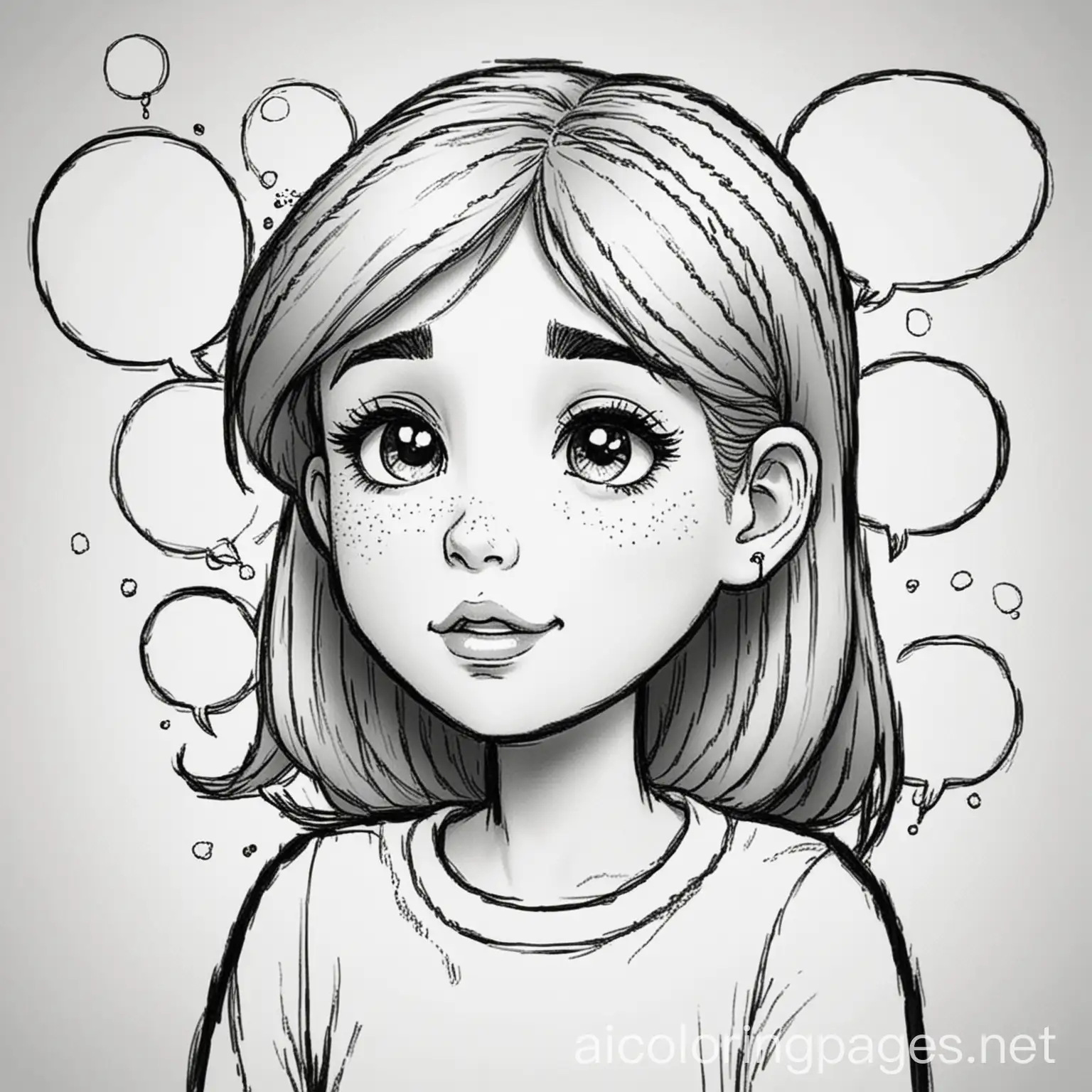 Girl-with-Multiple-Comic-Thought-Bubbles-Coloring-Page