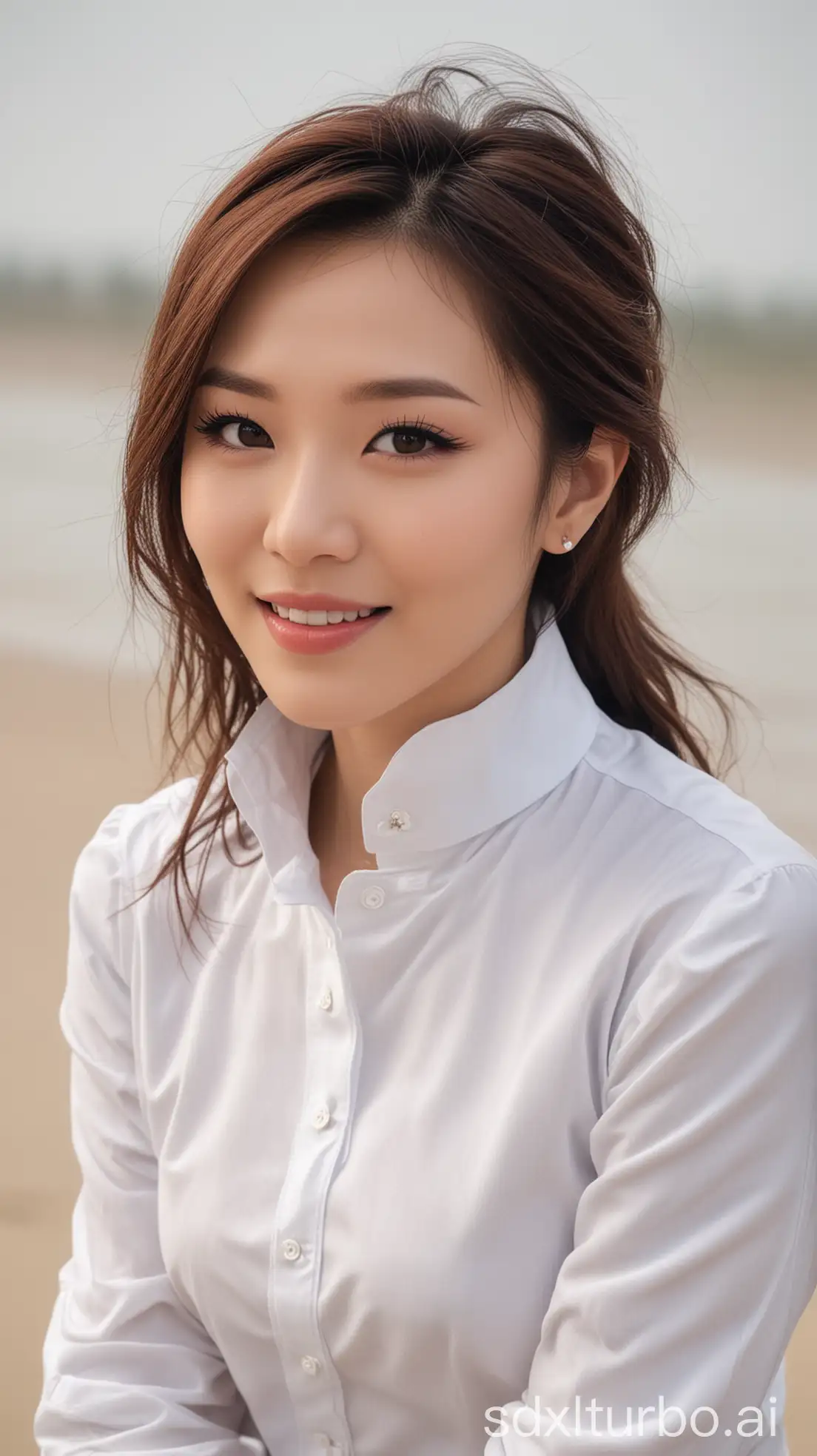 Chinese-Female-Singer-with-Sweet-Smile-Sitting-on-the-Beach-in-Winter-Outfit