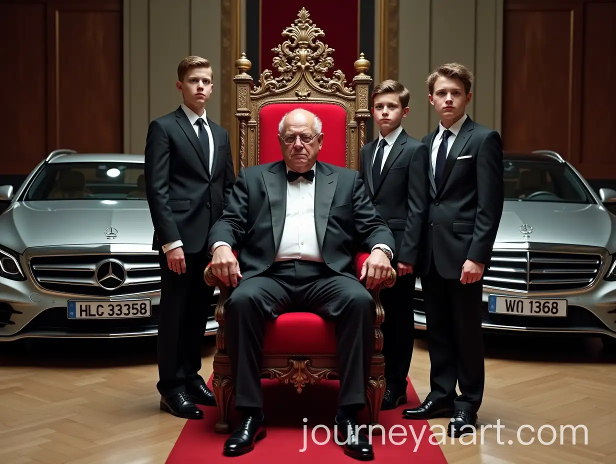 Godfather-Figure-on-Throne-Surrounded-by-Young-Suited-Men-with-Mercedes-Benz-Background