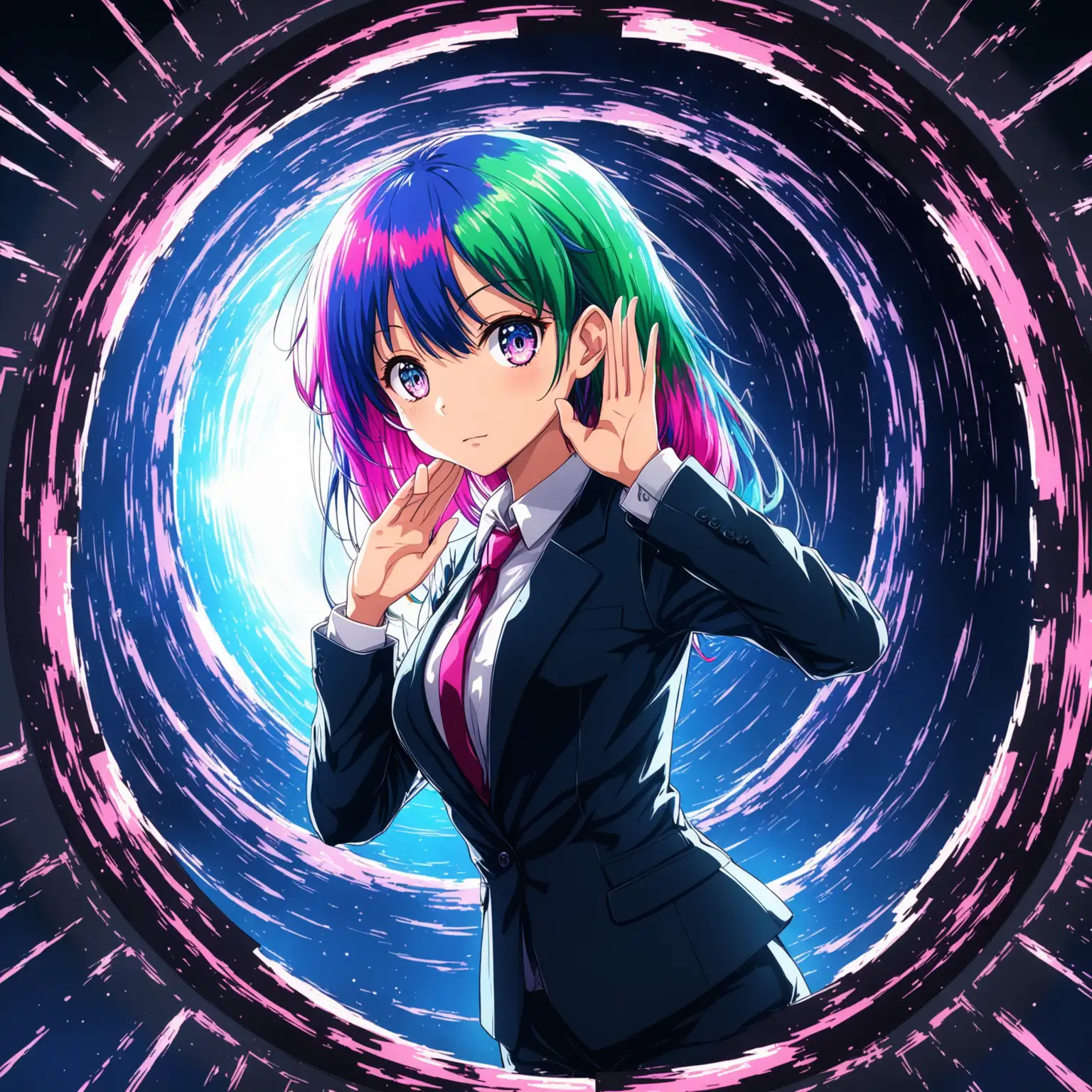 Anime Girl in Suit Listening through Portal with Colorful Hair