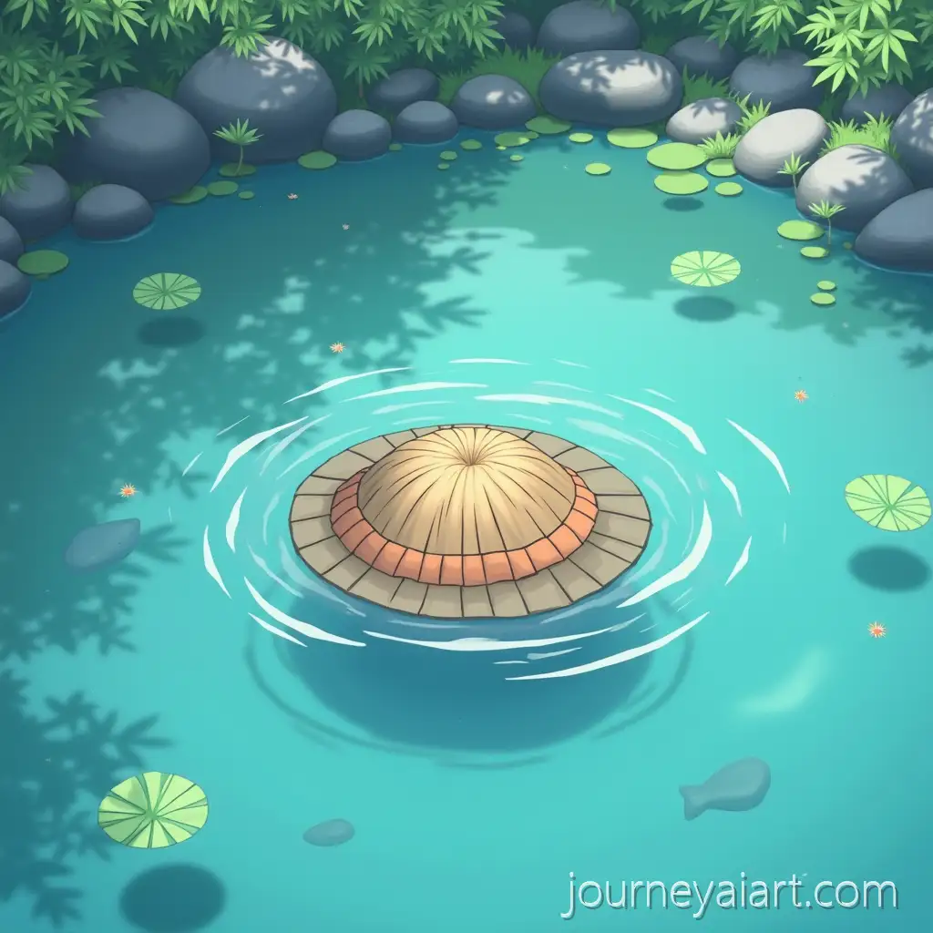 Serene-Anime-Illustration-of-Mizukage-Hat-Floating-on-Crystal-Clear-Pond