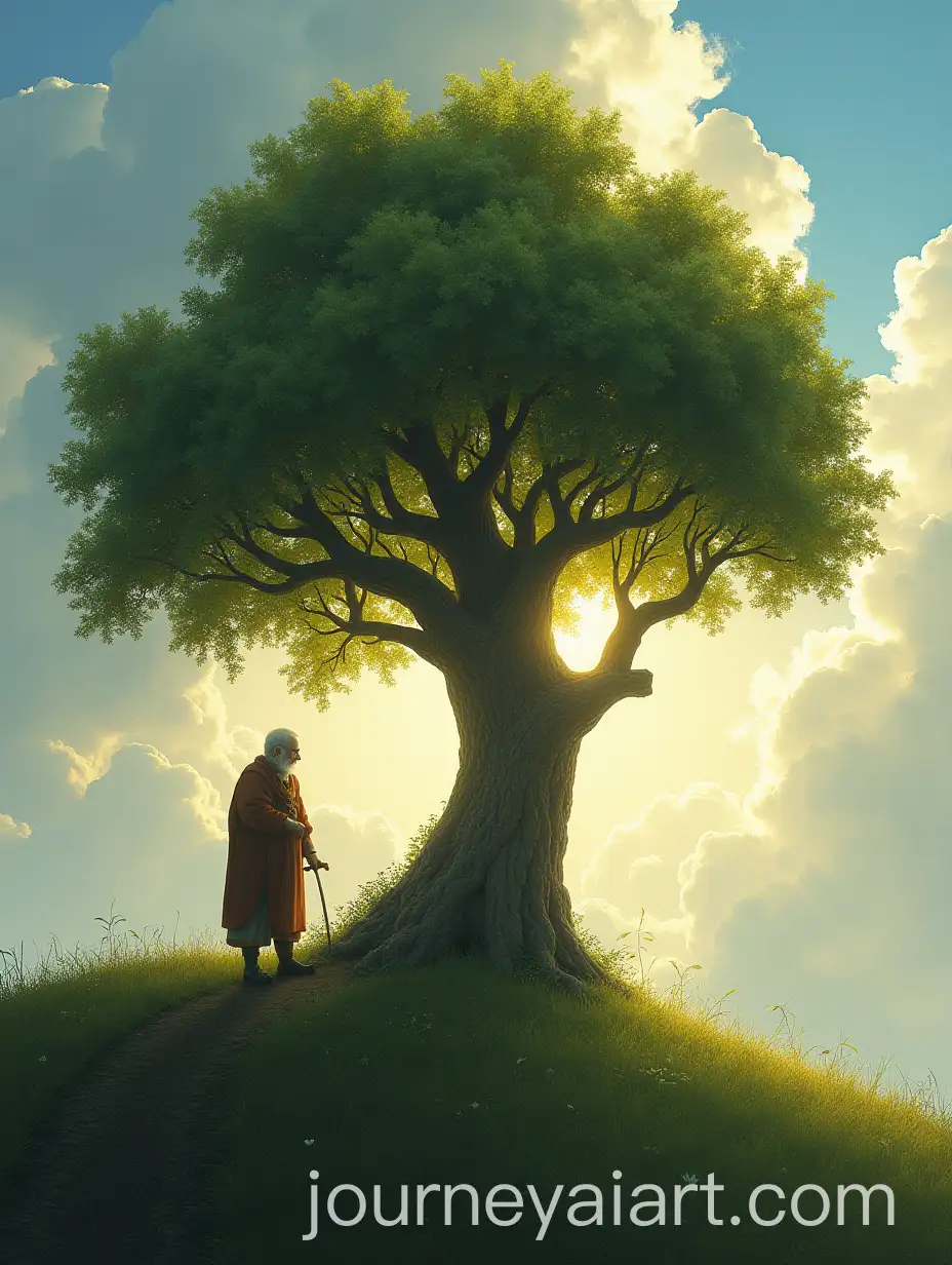 Wise-Gardener-Standing-Beside-Towering-Tree-on-Hill-with-Sunlight-Breaking-Through-Clouds