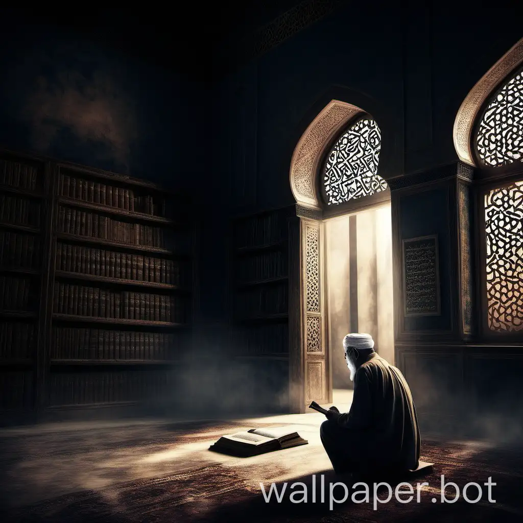 painting old Islamic place and old man thinking for the knowledge in old library with dark and light   