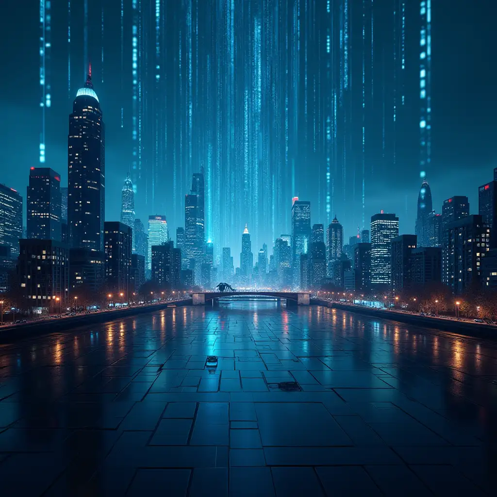 Create an high quality realistic image of data raining on a high tech city. Provide some global references in the images such as from NY, London, Sydney etc.