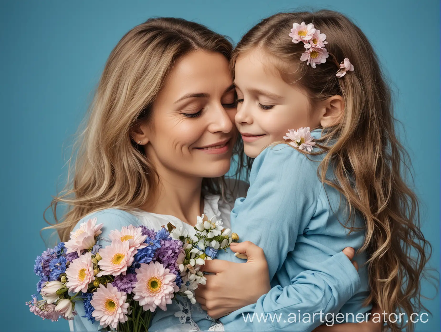 Mother hugs a 5 year old child on a blue background with flowers