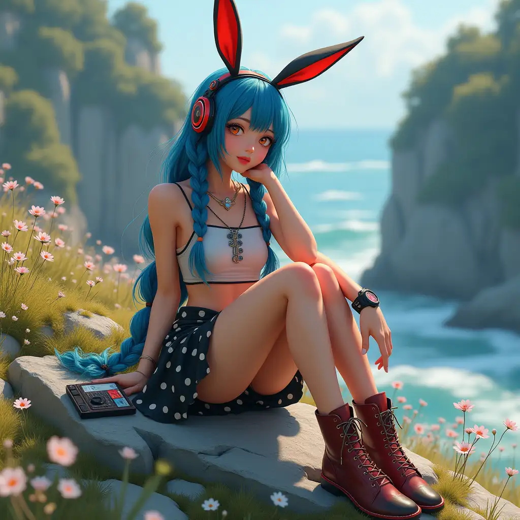 Ultra detailed hyperrealistic digital photo of a woman with bunny ears, long braids blue and red striped, wristwatch, headphones, Walkman, boots, black and white polka dot miniskirt, sapphire necklace on a rock with flowers with nice shoes paying attention to texture, surfaces and lighting, to give depth, dimension and a photo-realistic appearance.