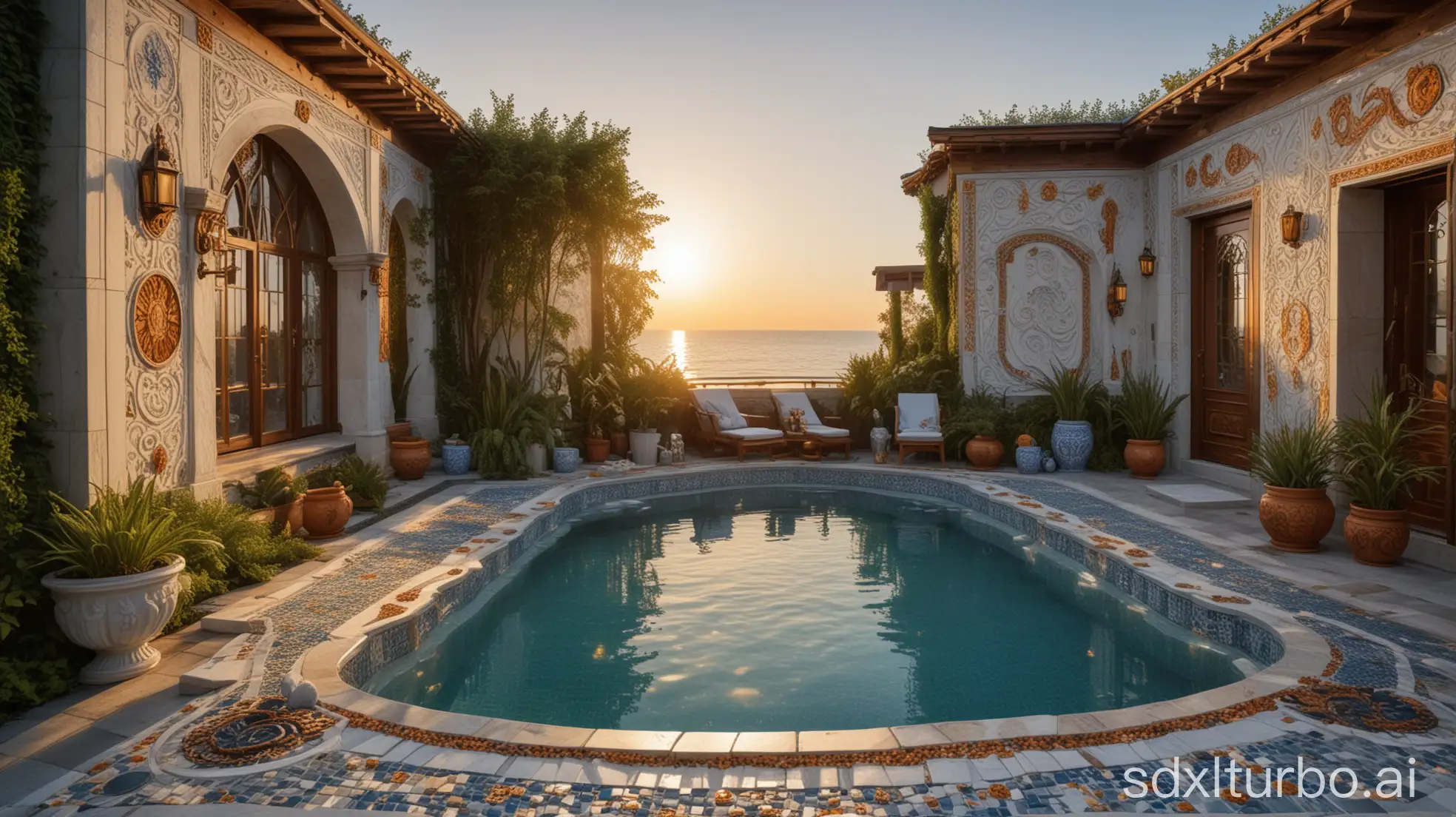 a vast luxury atlantide outdoor spa in nordic style, with carved adorned stone and amber sculptures, many magical signs on walls, crystals, green plants, cups, blue and white pool mosaic, sunset atmosphere, highly detailed