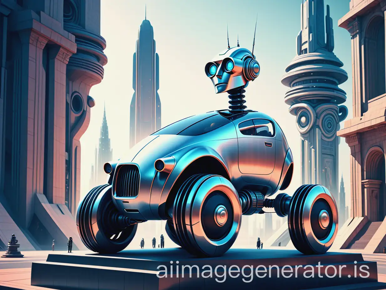 Futuristic-Robot-Admiring-Ancient-Car-Monument-in-Cityscape