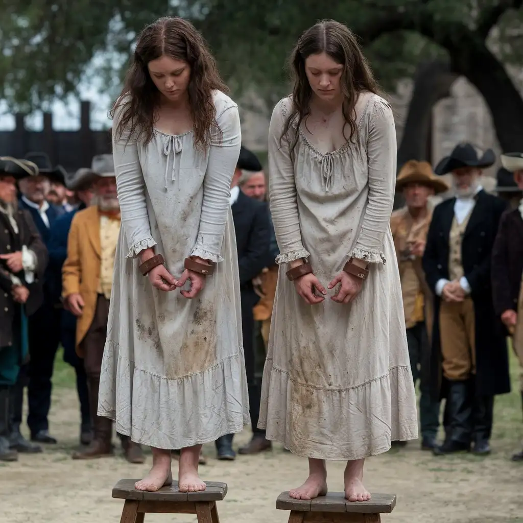 Two Submissive Women in 1700s Texas Prisonyard with Rusty Iron Shackles