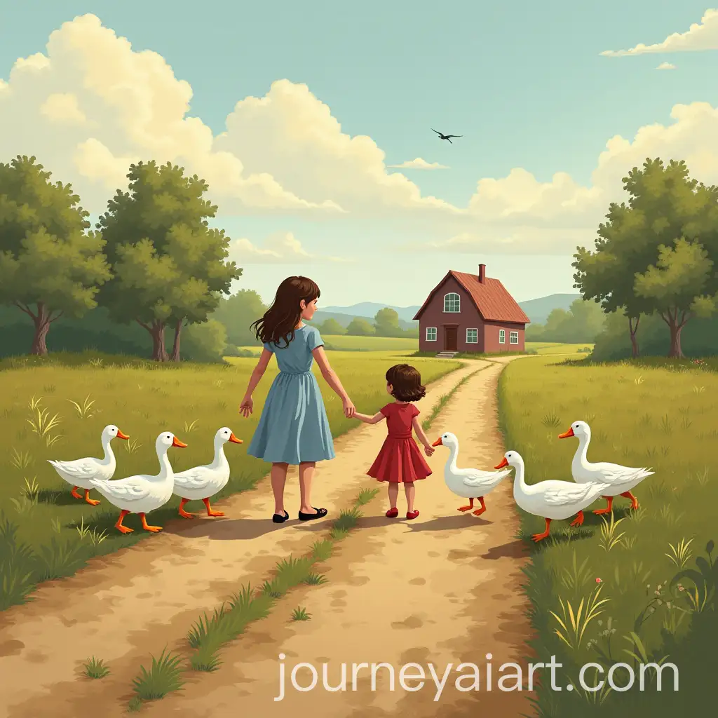 Ducks-Crossing-a-Dirt-Road-Toward-Mother-and-Daughter-on-a-Farm