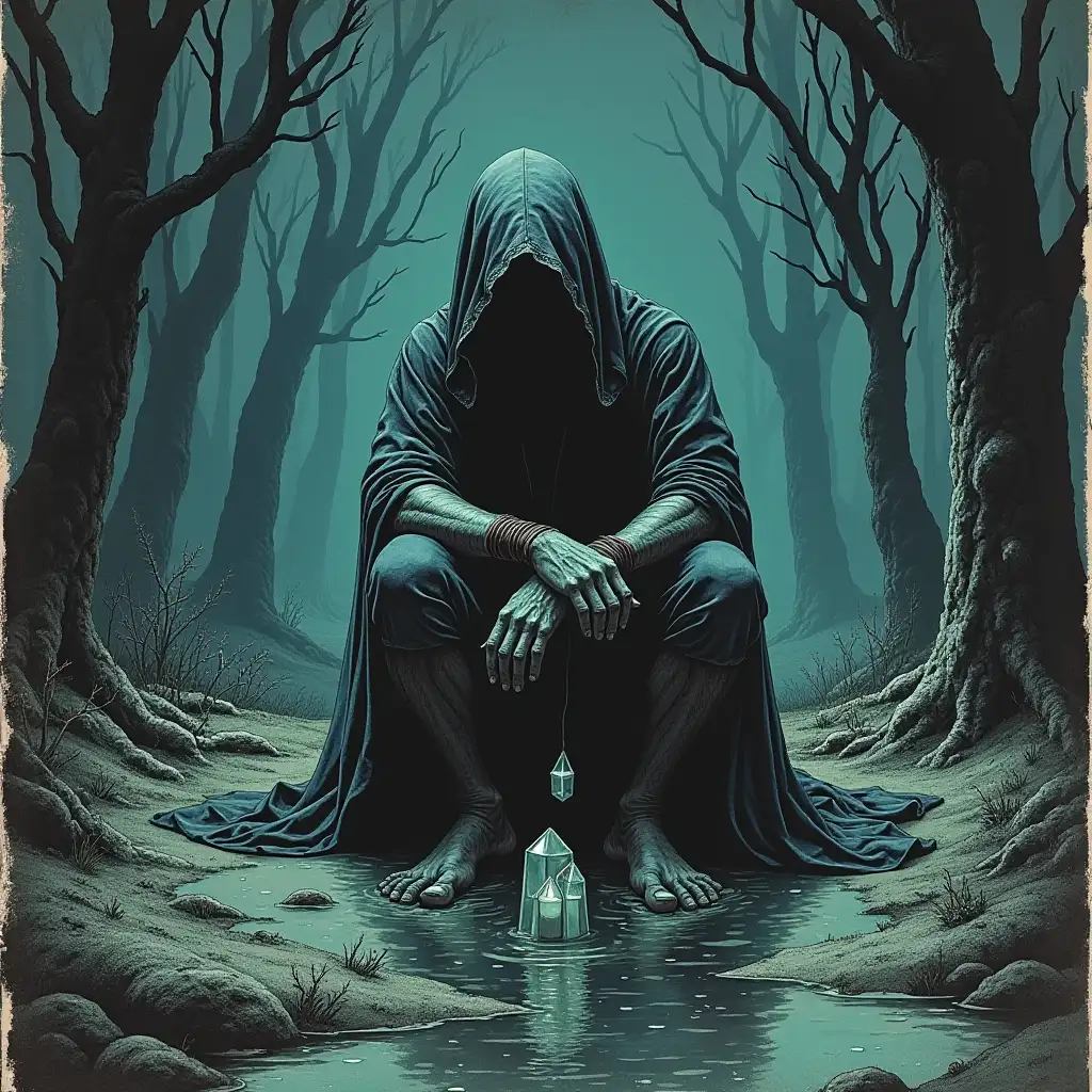 1970s-Dark-Fantasy-Reaper-in-Swamp-with-Floating-Prisms