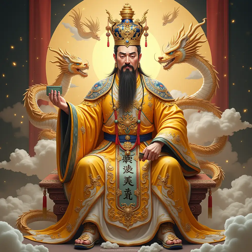 digital photo， Full body view from head to toe，ancient Chinese Tang dynasty God，The Jade Emperor, His brows and eyes convey a calm yet powerful majesty, while his gaze is deep, with slightly lowered eyes that reflect his ability to perceive the universe and command all things. His complexion is smooth, with a faint, radiant glow. He wears a high crown, adorned with beaded curtains or luxurious gemstones, and a square shape with tassels hanging in front. His imperial dragon robe is wide and stately, primarily in bright yellow or crimson, representing his noble status as the supreme ruler of the Heavenly Court. The robe is embroidered with five-clawed golden dragons soaring among clouds, along with patterns of the sun, moon, stars, mountains, and rivers. The overall design is elegant and layered, with an exquisite texture. In one hand, the Jade Emperor holds a court tablet, symbolizing his divine authority. Around his waist are jade pendants and precious ornaments, further emphasizing his supreme power. On his feet are cloud-patterned boots, symbolizing his ability to travel freely between Heaven and Earth. He is seated on a magnificent dragon throne, intricately carved with clouds, dragons, and phoenixes, symbolizing his supreme royal authority