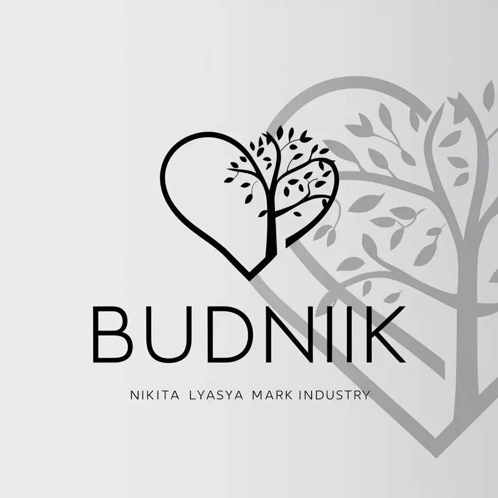 a logo design,with the text "BUDNIK", main symbol:Pathos, Strictness, Family. Symbolism. The logo should only have the name and industry on it. The logo should show love. The logo should be attractive and very beautiful Minimalism,complex,be used in Nikita Lyasya Mark industry,clear background