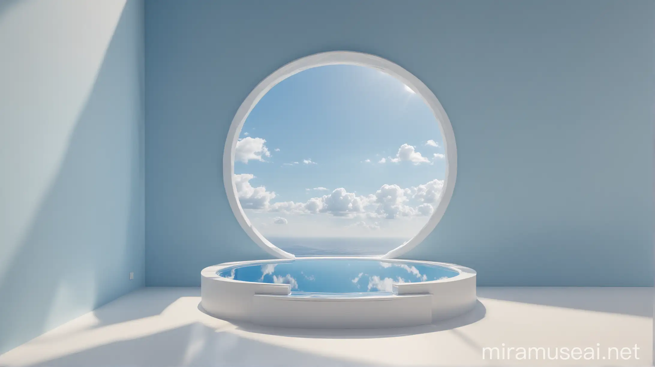 Bright Circular Window Podium on White and Blue Background