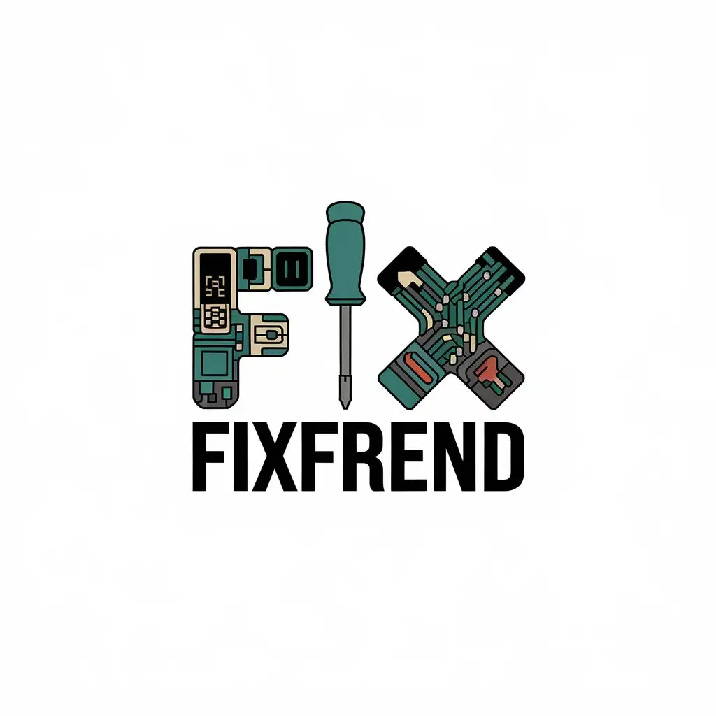 a vector logo design,with the text "fixfriend", main symbol:text fixfriend where instead of i screwdriver a and instead of n phone s,complex,clear background