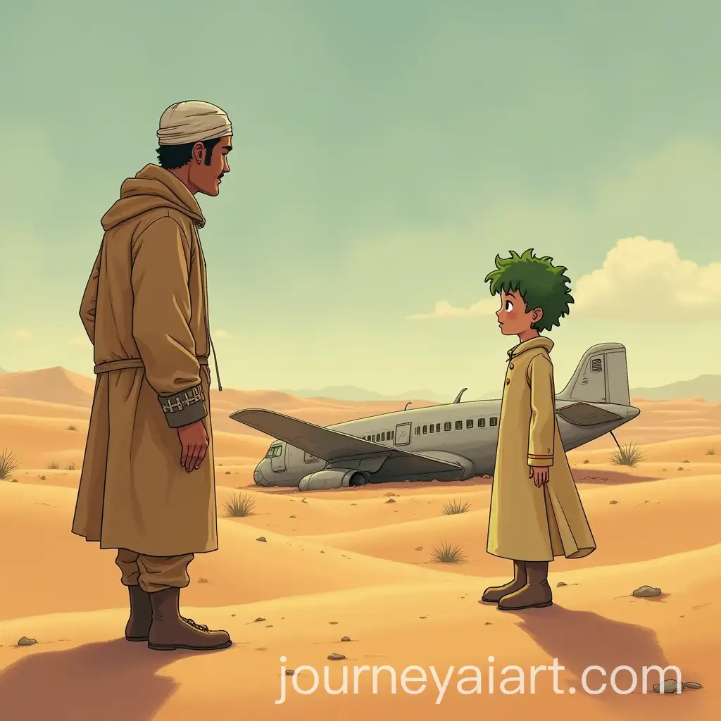Little-Prince-and-Narrator-Discussing-in-Sahara-Desert-with-Crashed-Plane-in-Background