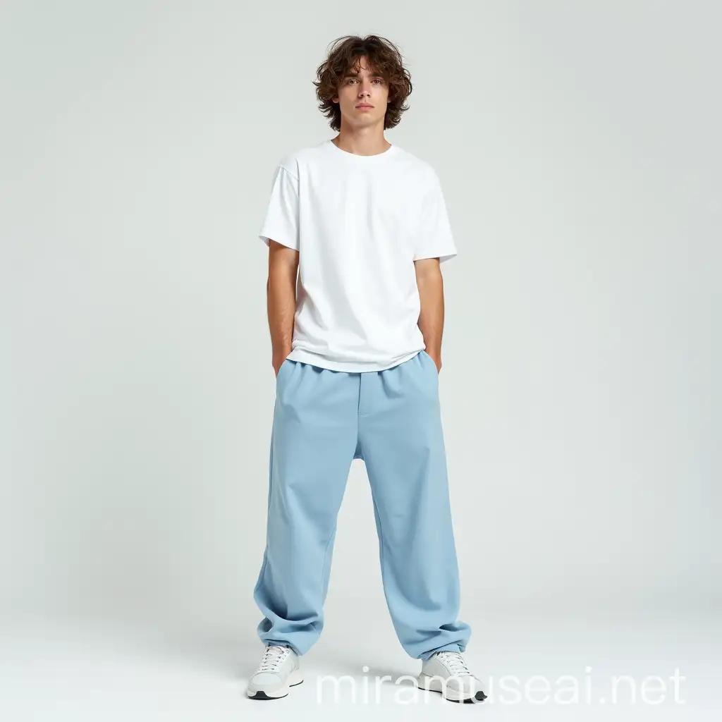 Stylish European Model in Casual White TShirt and Blue Baggy Pants