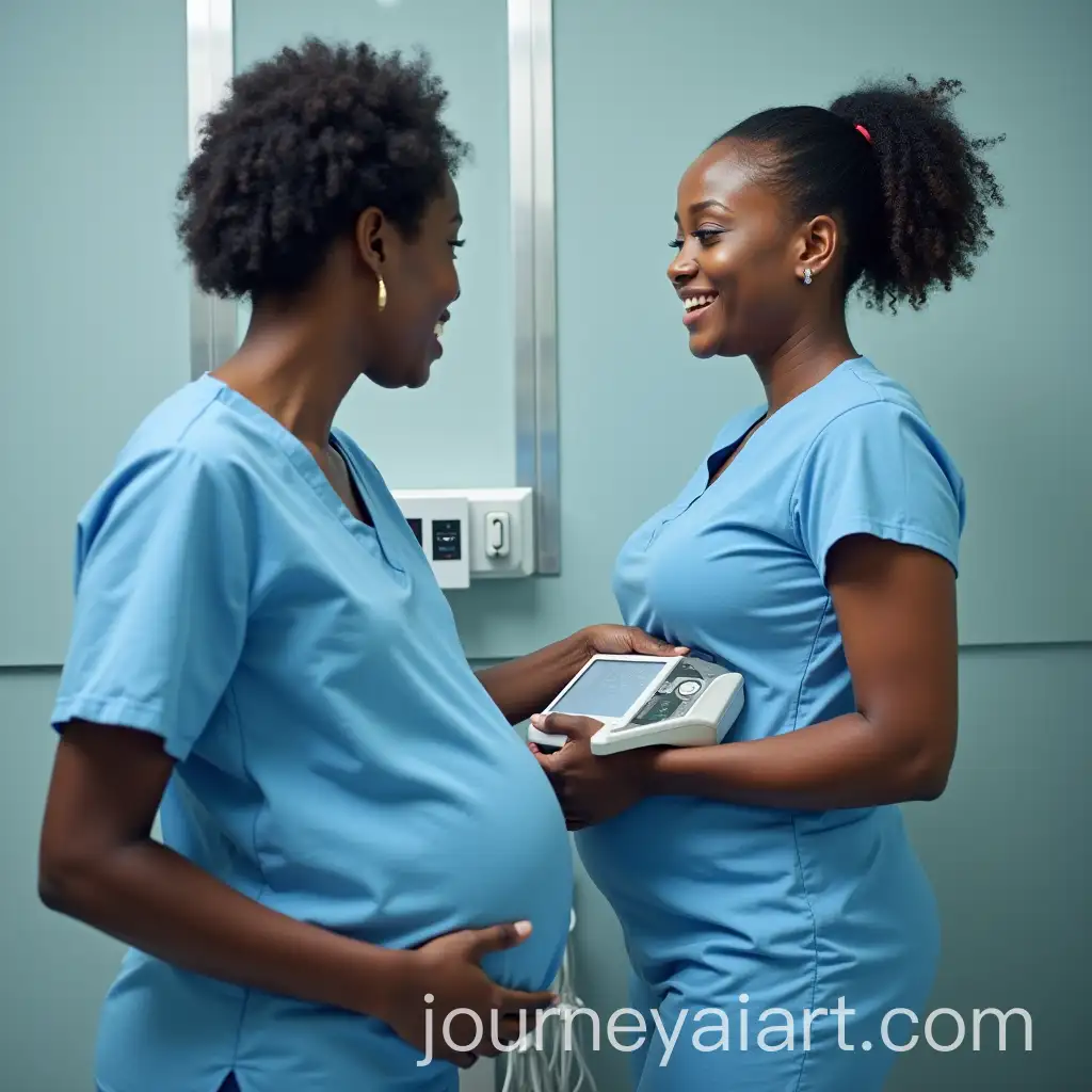 African-American-Nurse-Using-Portable-POCUS-Ultrasound-on-Pregnant-Patient-in-Sky-Blue-Scrubs