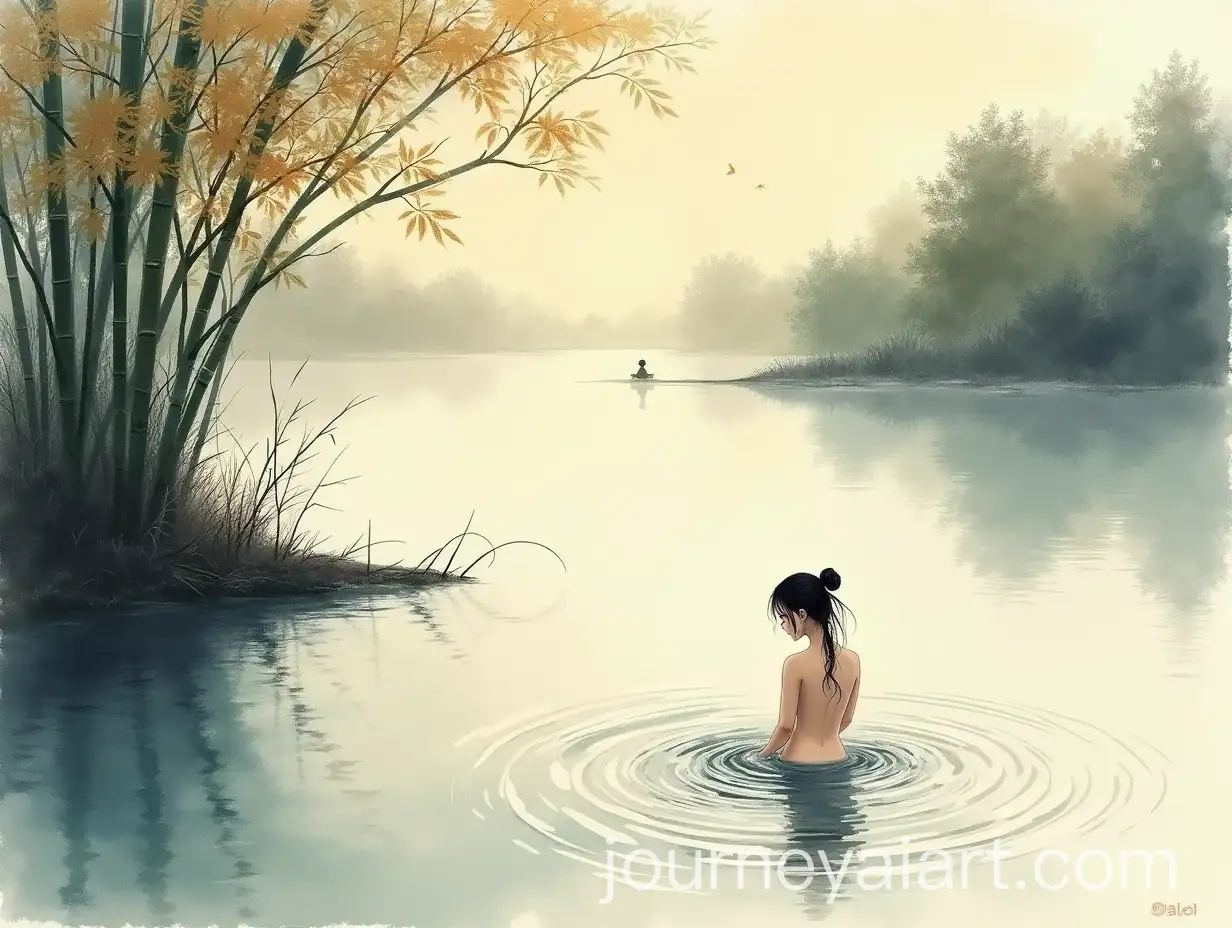 Serene-Maiden-Bathing-in-River-at-Dawn-with-Bamboo-and-Mist