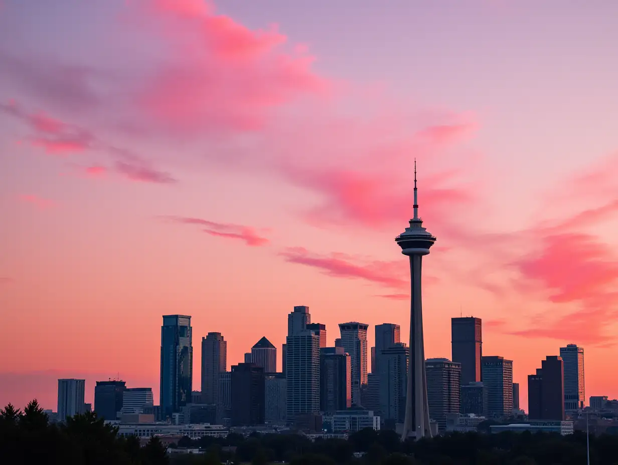 Calgary-Skyline-with-Iconic-Calgary-Tower-at-Sunset