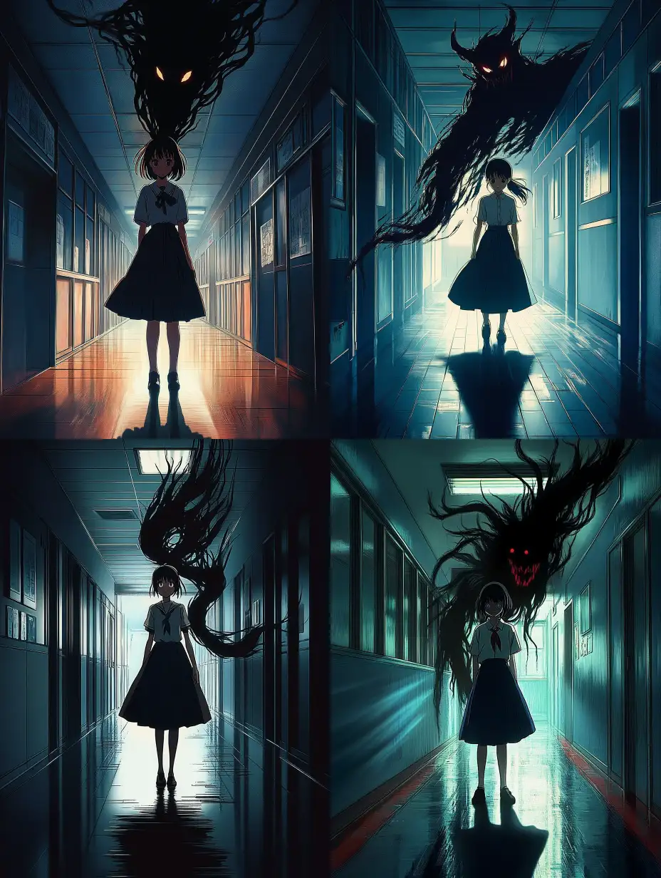 1990s-Anime-Ghibli-Style-Female-Character-Confronts-Shadow-Demon-in-Dark-School-Hallway