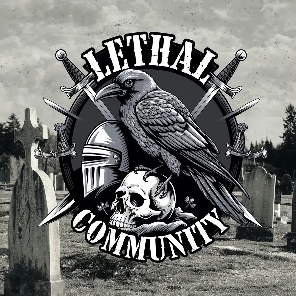 LOGO Design for LETHAL COMMUNITY Vintage Emo Grunge Metalrock Theme with Raven Skull Swords and Knight Elements