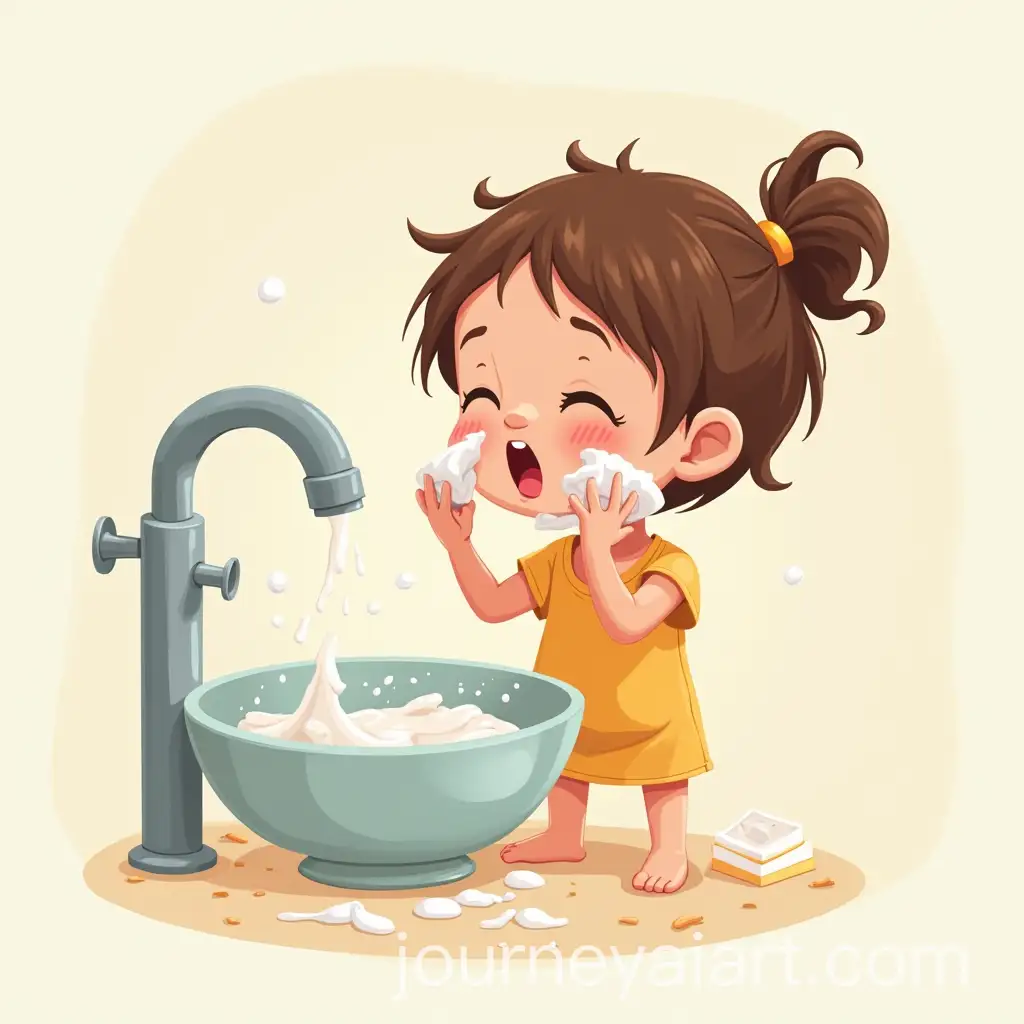 Little-Girl-Making-a-Mess-While-Washing-Her-Face-Illustration