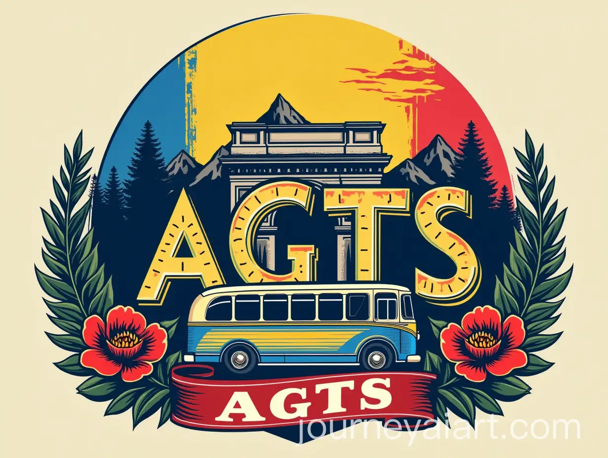 Vintage-Logo-Design-with-Arch-of-Triumph-Mountains-and-Tourist-Bus-Featuring-Romanian-Flag-Colors