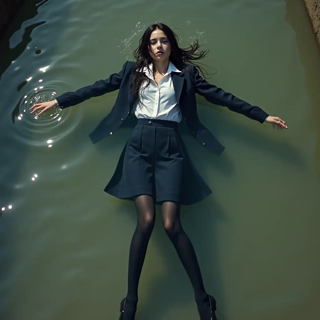 Schoolgirl in a school uniform suit, in a skirt, jacket, blouse, dark tights, high-heeled shoes. She is swimming in a dirty pond, lying underwater, all her clothes are completely wet, wet clothes stick to her body, the whole body is underwater, submerged in water, under the surface of the water, below the water's edge.