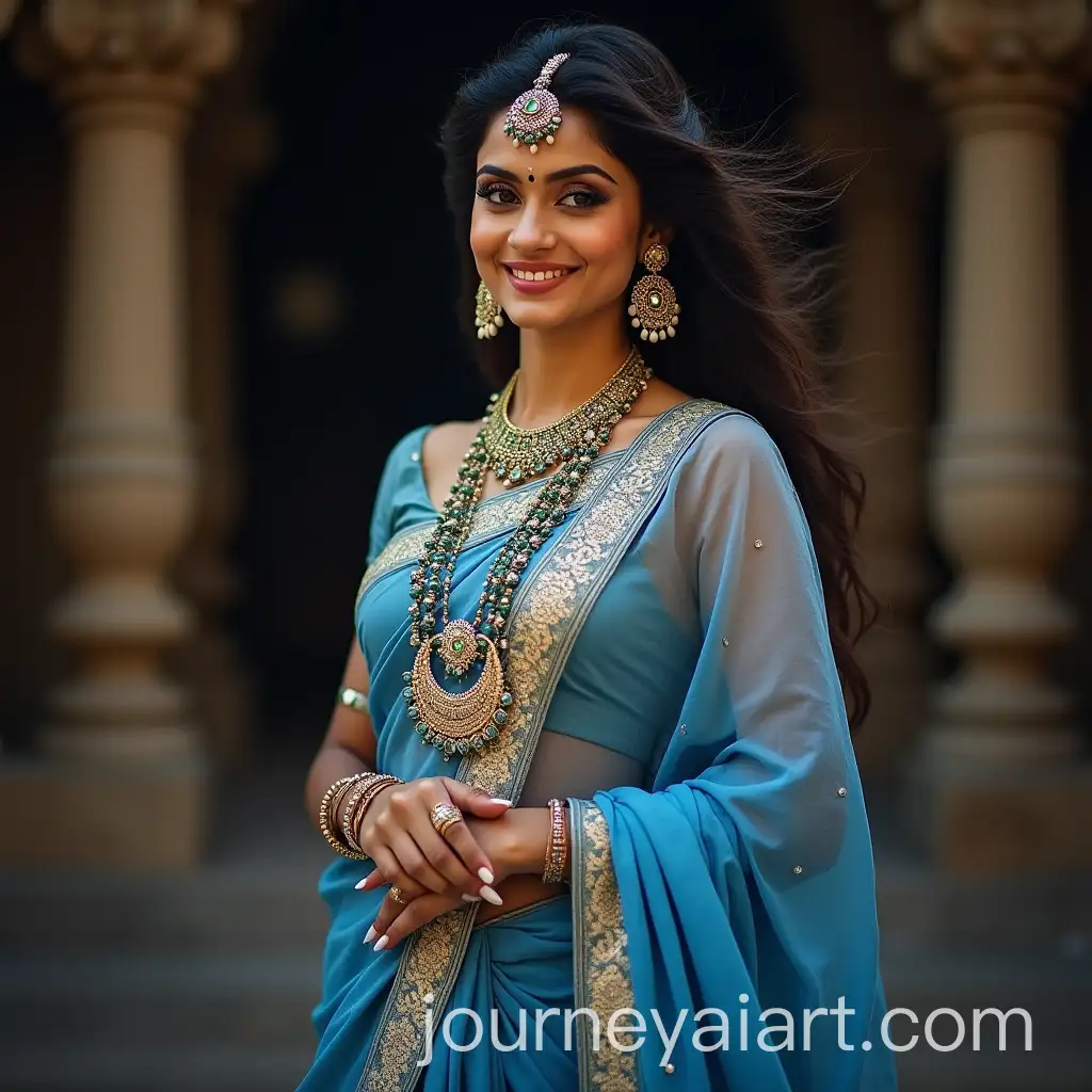 Indian-Goddess-Ganga-in-Blue-and-White-Saree-with-Traditional-Jewelry