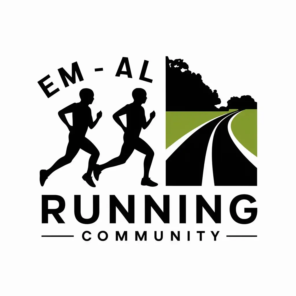 a vector logo design,with the text "EM - AL   a running community", main symbol:On the right side is the silhouette of a rural road, on the left side is the silhouette of running people,complex,clear background