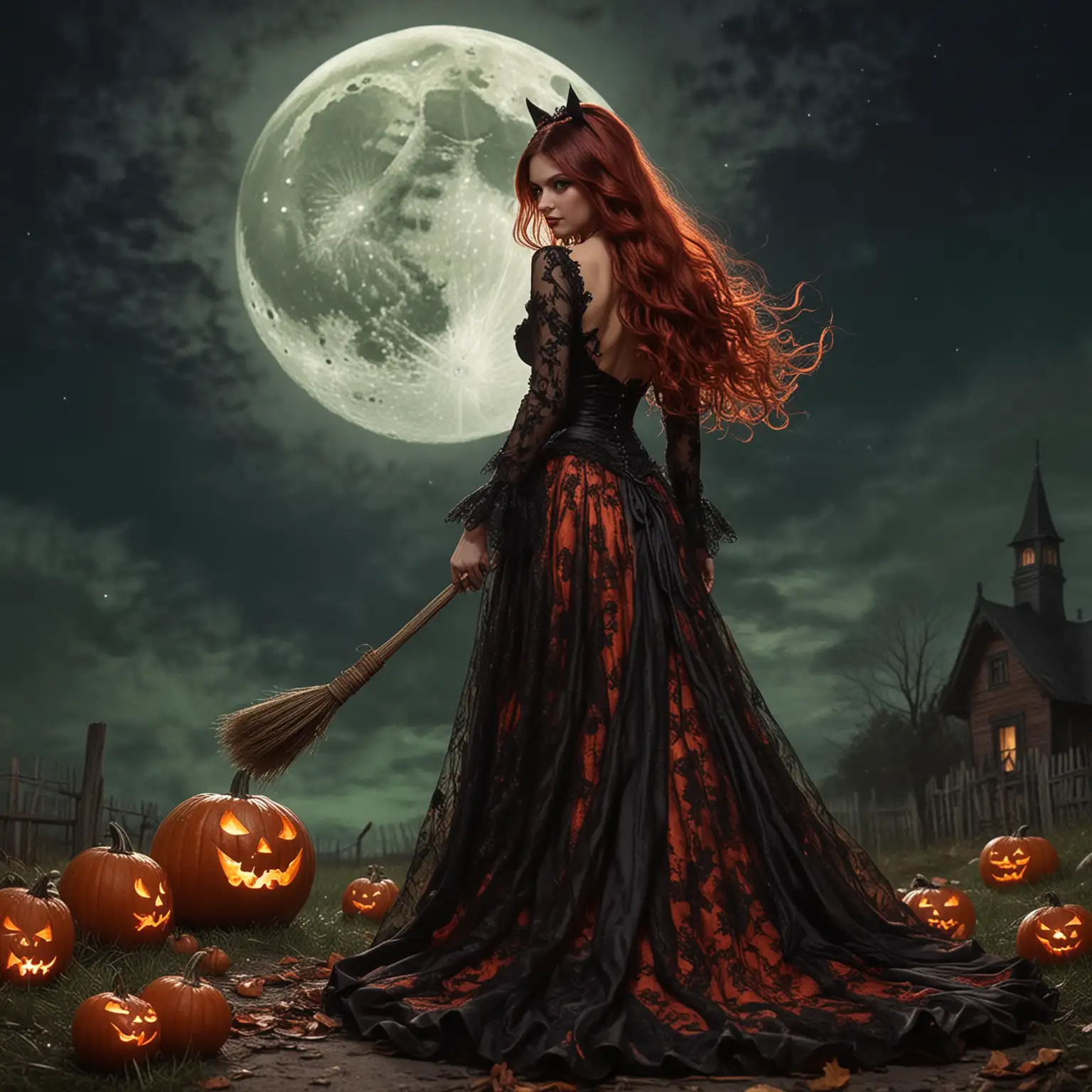 Witch on Halloween Night Gazing at Glowing Moon in Red Lace Dress