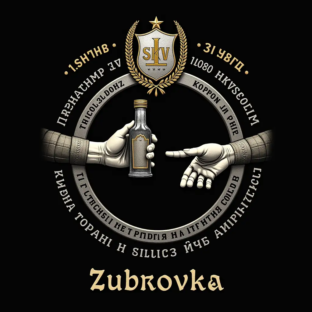 Background is black with a silver circle in the center. Inside the circle are two hands reaching out to each other. One hand holds an old square bottle of alcohol. The circle is framed by an intricate inscription in Ukrainian using an old font: 'Currency available to everyone who wants it, unlimited in exchange'. In the upper right corner is a coat of arms in the form of a silver shield with golden barley ears on the sides. On the shield are written gold letters the abbreviation SKV. In the left upper corner there is an inscription in old golden Ukrainian font: 'Craft product'. At the bottom, under the circle, in old silver Ukrainian font it is written: Zubrovka