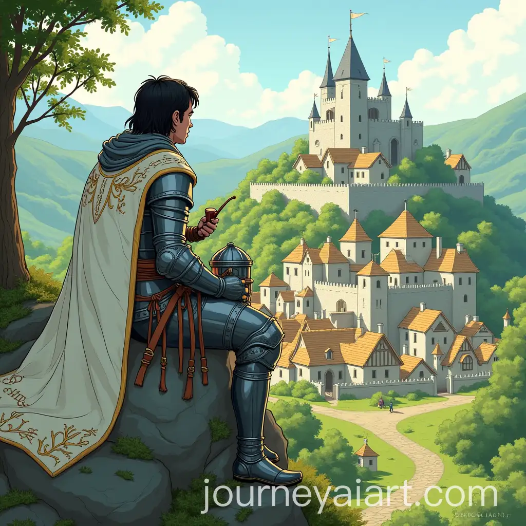 Knight-Contemplating-a-City-from-a-Mossy-Hill-in-a-Fantasy-Landscape