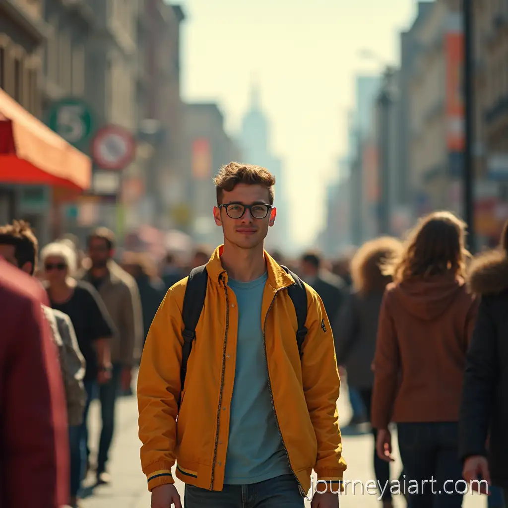 Cheerful-Daytime-City-Street-with-Young-Sad-Man-Among-Crowds-in-Vibrant-Colors