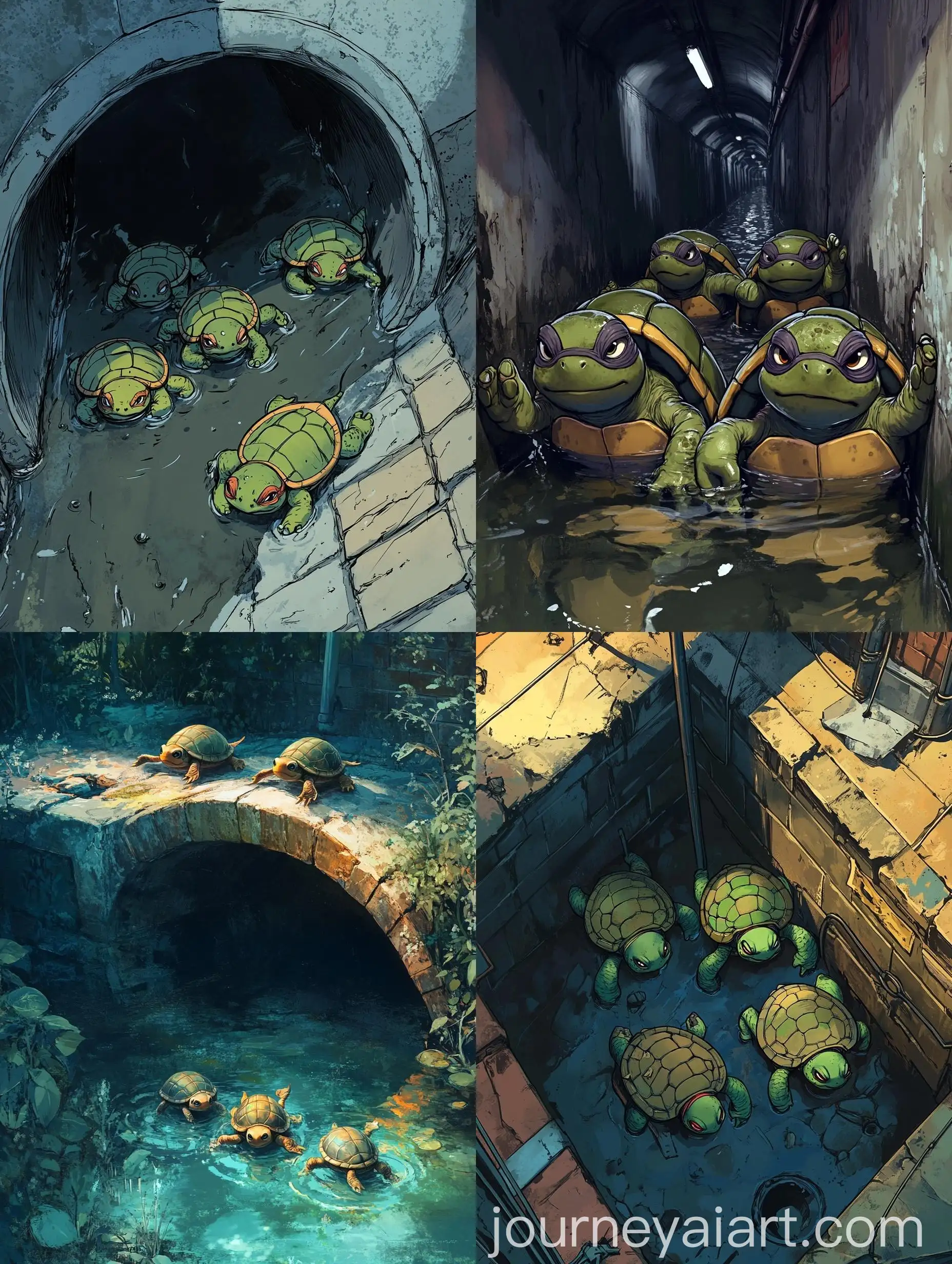 Four-Small-Turtles-Crawling-in-Sewer-Cartoon-Style