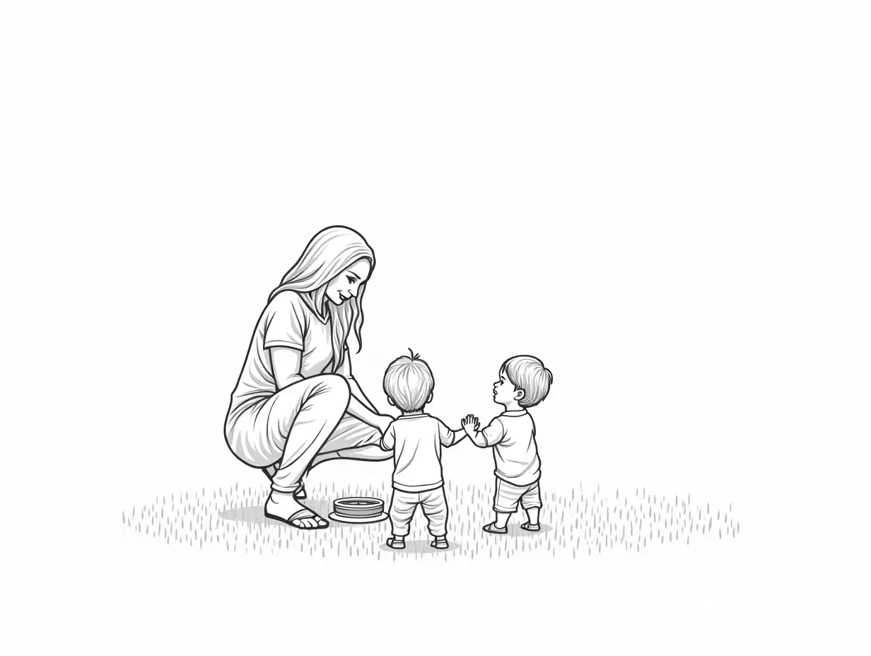 Georgian-Woman-Playing-with-Children-in-Simple-Cartoon-Style