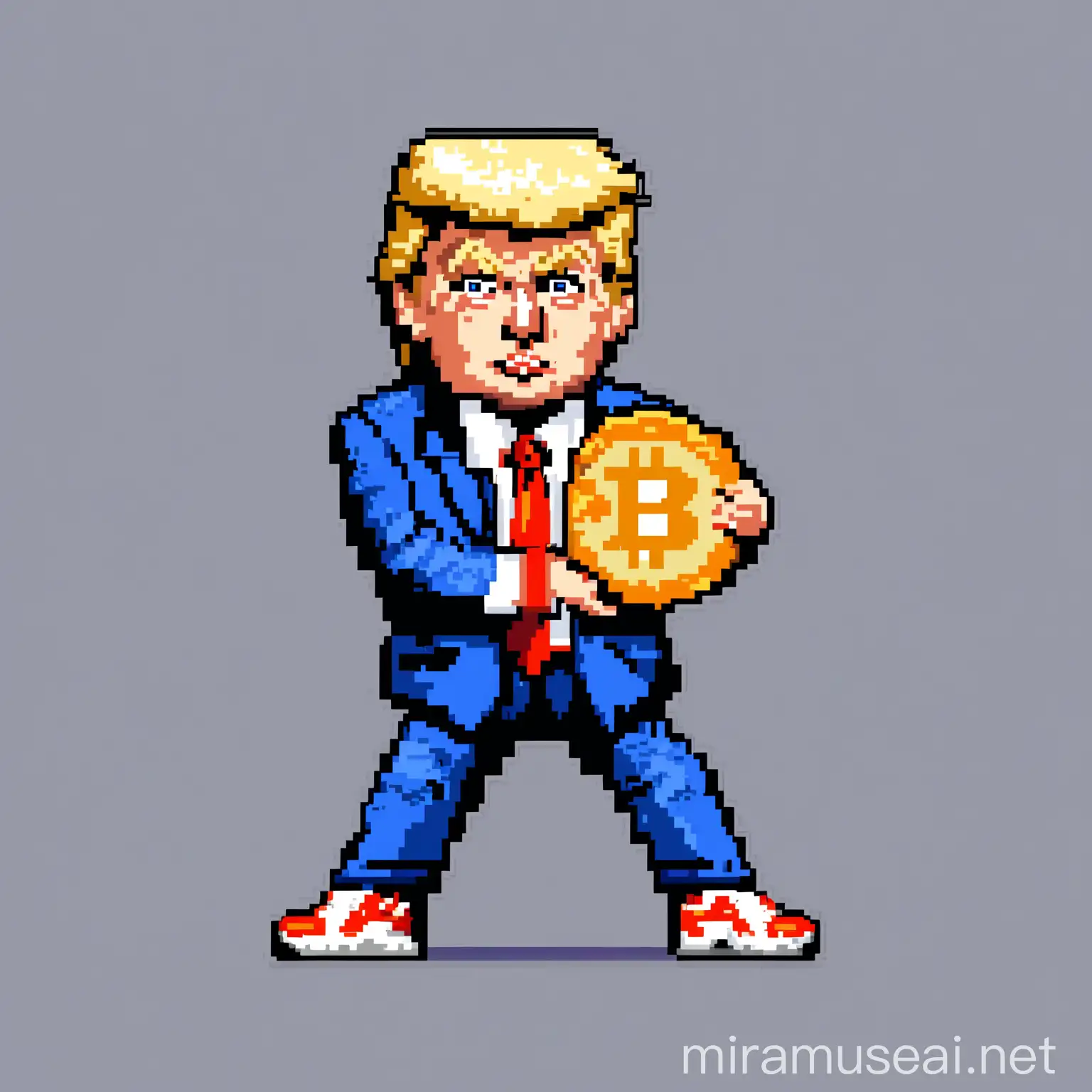 Pixel Art of Donald Trump Holding Bitcoin in Nike Sneakers