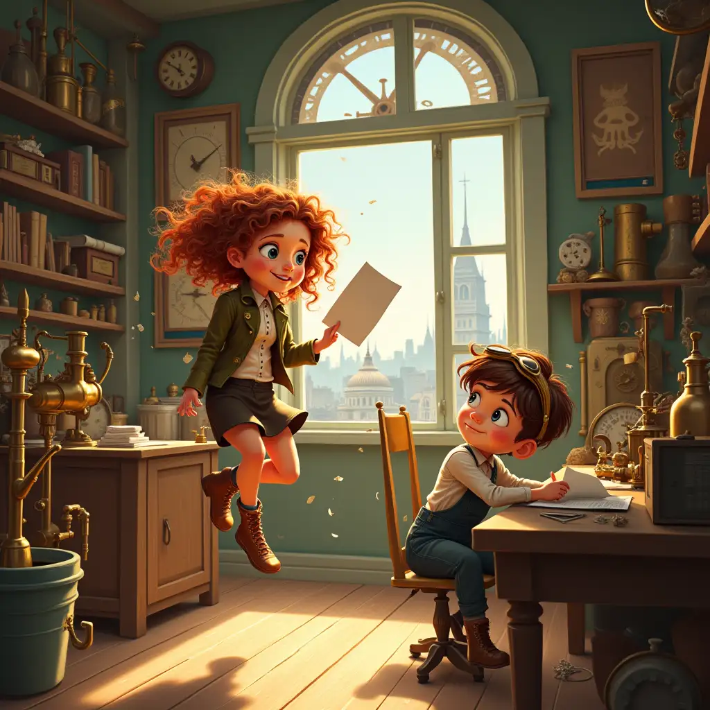 Create an illustration of A lively, highly detailed scene in a steampunk-inspired attic workshop. A young girl named Lydia bursts into the room, leaping into the air with excitement, holding a letter in her hand. She has curly auburn hair and bright, expressive eyes, dressed in a Victorian-inspired outfit with a modern twist: a fitted jacket, layered skirt, and sturdy boots. Her energetic entrance casts golden sunlight into the room, illuminating dust motes in the air.  Inside, a young boy named Max, with wavy brown hair, blue eyes, and brass-rimmed goggles resting on his head, looks up from his workbench in surprise. He wears a denim apron over a collared shirt and has a soft, curious expression. The workshop is filled with intricate machinery, gears, brass instruments, and antique tools arranged on shelves and tables. A large window reveals a distant cityscape with a grand clock tower, adding a sense of adventure. The room is warmly lit with natural tones, creating a whimsical, nostalgic atmosphere.  The art style blends classic European storybook illustration with modern animation influences, capturing a soft, painterly effect with finely rendered textures. The characters and objects have a three-dimensional feel, with smooth shading and clean linework that bring a sense of realism while maintaining an animated, whimsical aesthetic. The overall design is timeless, evoking a blend of nostalgia and modernity, reminiscent of Studio Ghibli or Laika’s styles with a Victorian, steampunk twist.