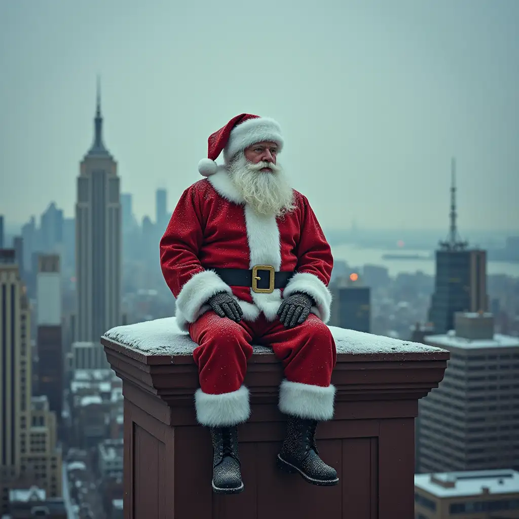 SANTA IS SITTING ON  A BUILDING TOP.ULTRAREALISTIC IMAGE