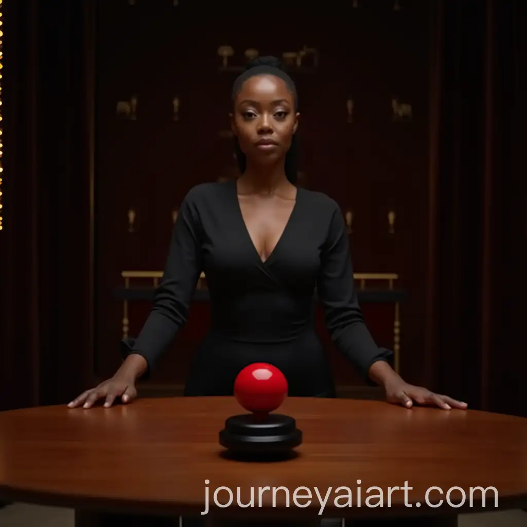 Confident-Black-Woman-in-Stylish-Studio-with-Red-Buzzer-on-Wooden-Table