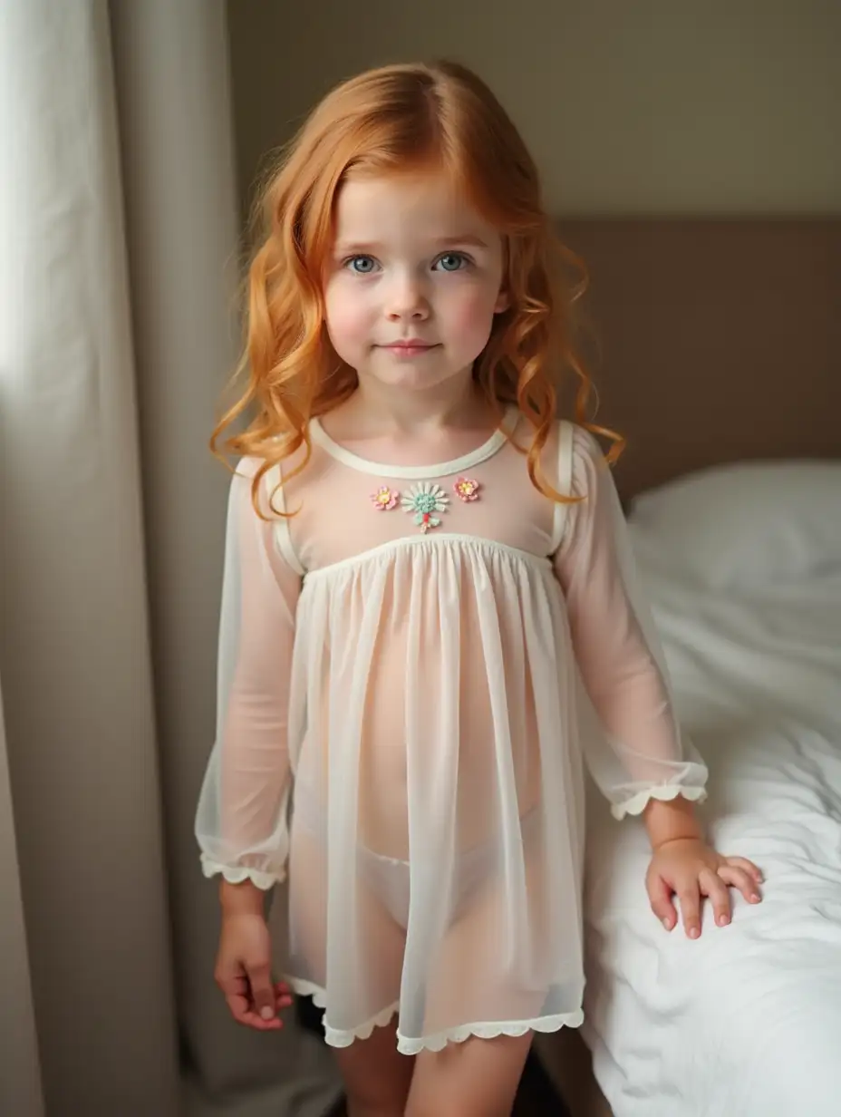 Little-Girl-in-Floral-Nightgown-Standing-Beside-Bed