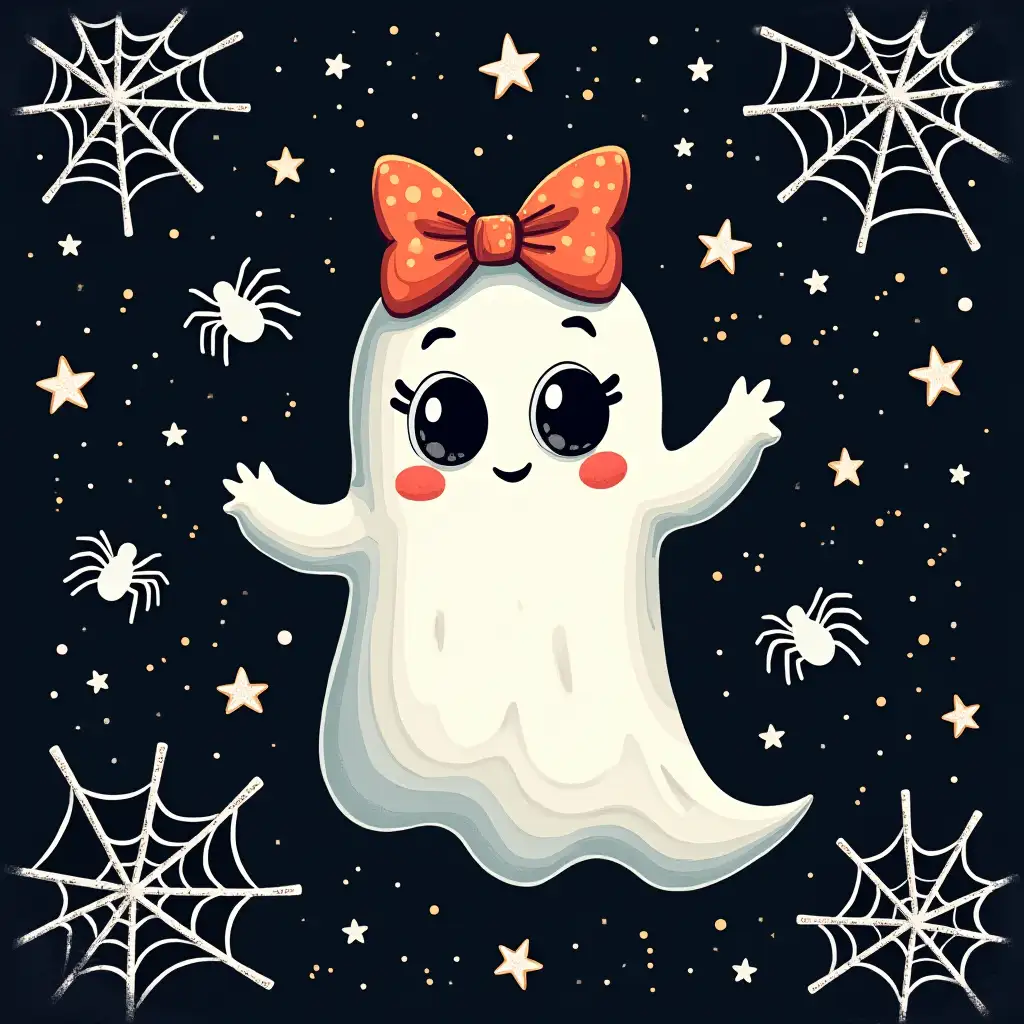 vector. Create an image with a detailed, whimsical style featuring a Ghost Coquette Bow surrounded by stars, spider webs in the corners with spiders dangling, all set against a night sky backdrop.