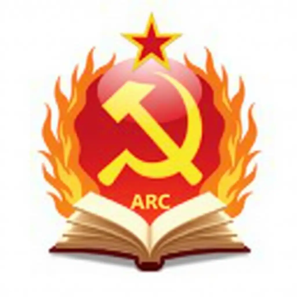 generate an image, the center of the image is a sickle and hammer composed communist party flag, the hammer and sickle flag is under a book that is open, above the flag there is only one five-pointed star, the hammer and sickle flag is surrounded by flame patterns, below the flag there are the three letters ARC, the image should be beautiful, solemn, serious, clean, symmetrical, the proportion of the flag should be small, the picture background is white