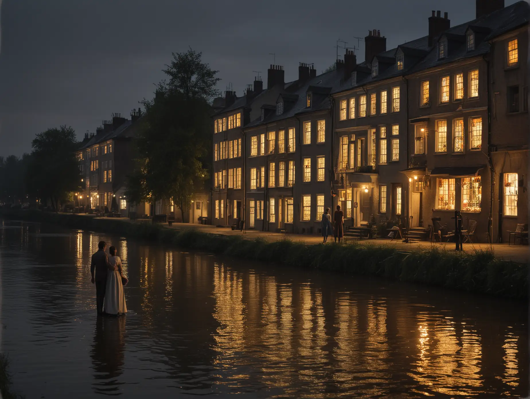 Man-and-Woman-by-the-Riverbank-with-Glowing-House-Reflections