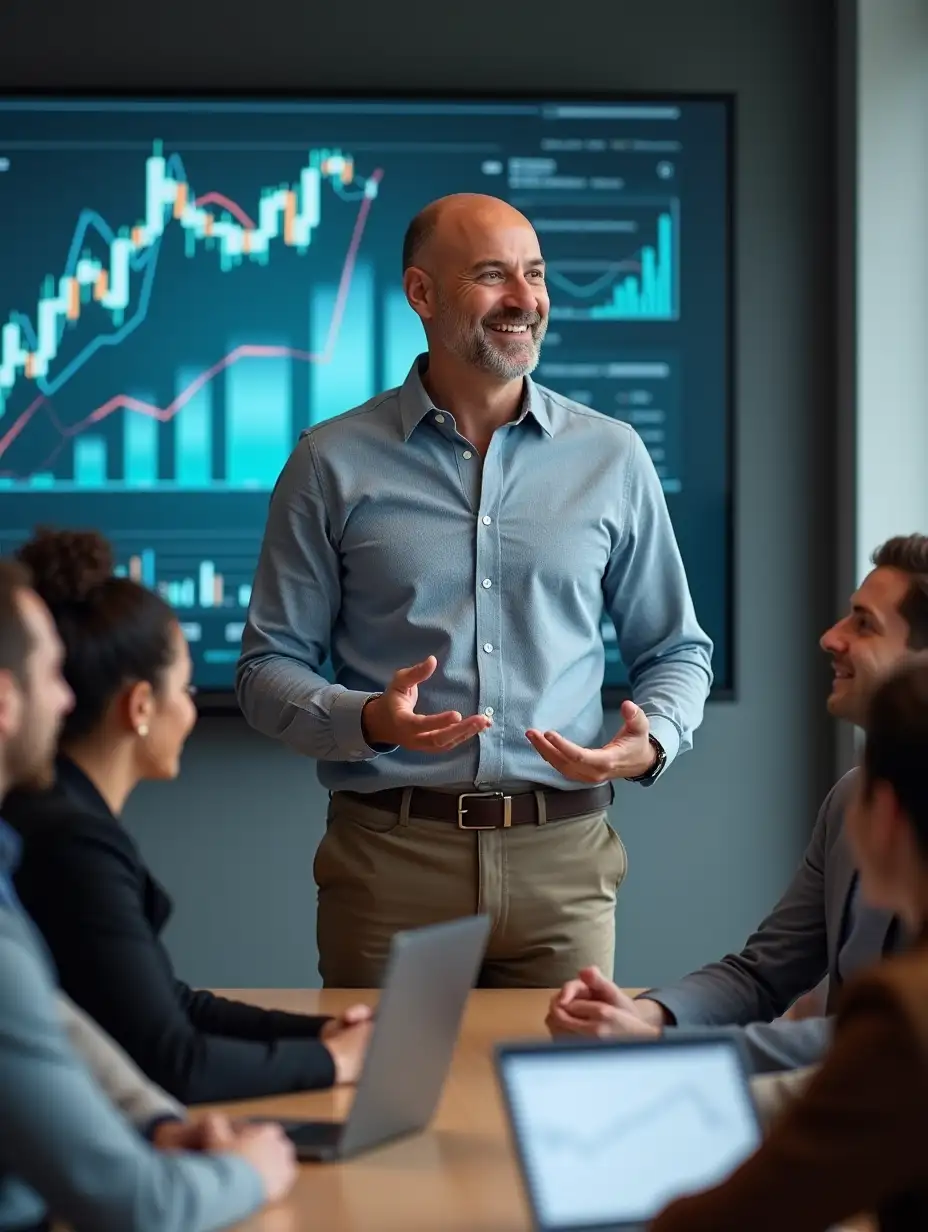 A modern office environment with a bald, middle-aged white male economist named Tom, leading a meeting with his Economics Forecasting team. Tom is standing at the front of the room with a confident and engaging posture, smiling as he speaks to his diverse team members seated around a conference table. They are actively listening and engaged, displaying trust and collaboration. In the background, there are charts and graphs on a screen, symbolizing the team's focus on data and forecasting. The scene conveys a sense of transformation, trust-building, and strong leadership, with Tom inspiring his team towards a clear and compelling purpose.