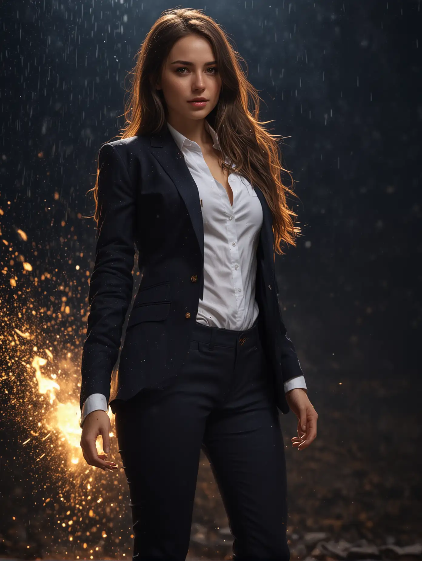 Brunette-in-Black-Suit-with-Golden-Sparkling-Rain-and-Fire